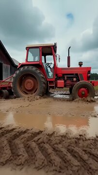 Red tractor plowing muddy field with barn in background under cloudy sky
