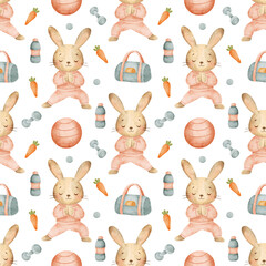 Seamless pattern with cute watercolor bunny practicing yoga poses with elements - fitness ball, dumbbells bottle, bag and carrots. Perfect for wrapping paper textile,fabric and kids designs.
