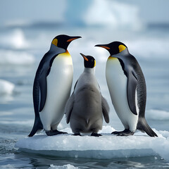 Obraz premium Antarctic Penguin Family Portrait: Three majestic penguins stand in unity on an icy expanse, showcasing a harmonious bond amidst the icy climate, a timeless family moment.