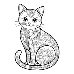 Mandala Cat Colouring Page - Cute Feline Zen Anti-Stress Adult Colouring Vector