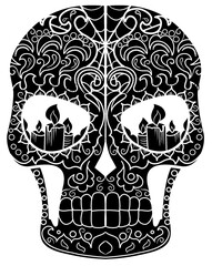 Sugar Skull with Candles Inside Eyes. Hand Drawn Day of the Dead Vector Illustration for Adult Coloring Book.