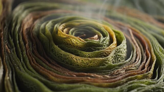 Close-up view of a spiral-shaped food item with vibrant colors and textures.