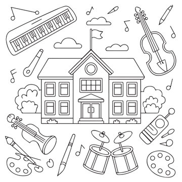 School Building and Arts Supplies Coloring Page - Education and Creative Doodles Background