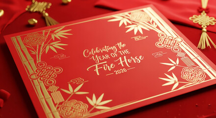 Fototapeta premium Red card with gold decoration, showcasing 