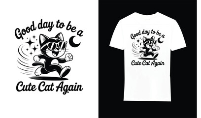 Cute cat running with sunglasses and stars typography design