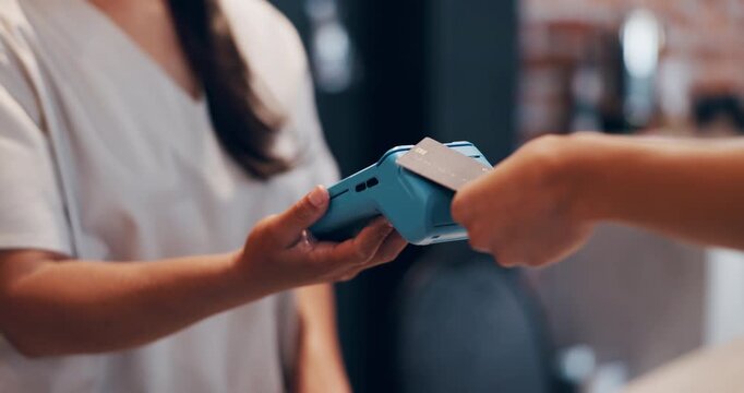 Person, hands and pos machine with credit card for payment, fintech or wireless transaction in shop. Closeup, people or customer paying with debit tap or NFC for easy banking or checkout in store