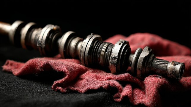 Closeup of damaged engine camshaft with severe scoring and bearing wear, showing mechanical failure, oil starvation, metallic grime, automotive repair, and engine teardown concept