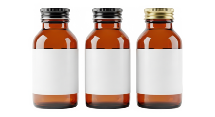 Set of three amber glass bottles with white labels isolated on white background
