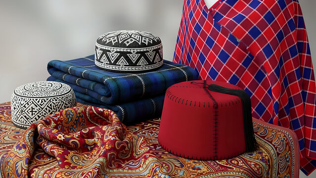 Assortment of traditional cultural headwear and textiles including kufi caps blankets and fez hat