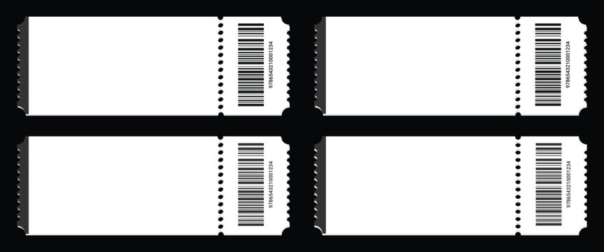 Four blank white raffle tickets with perforated edges and sample barcodes displayed against a black background