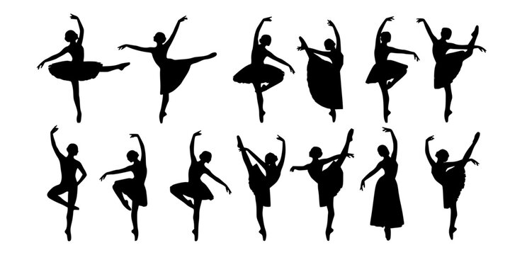 Black ballet dancer silhouettes in various poses white background