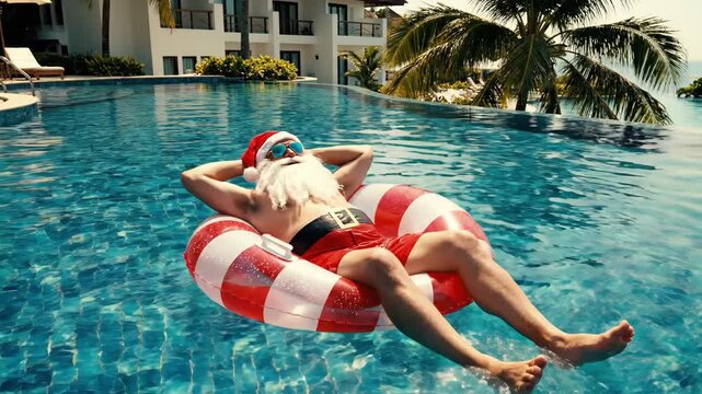 lifesaver float white santa drifting under palm trees, red and white ring bobbing on clear pool water, tropical hotel backdrop and easygoing afternoon holiday mood with nostalgic charm.
