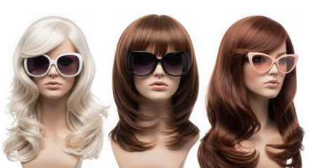 Three mannequins displaying different wigs and sunglasses isolated on white background