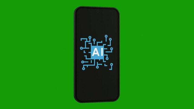 A smartphone displays a blue AI logo surrounded by a circuit board animation on a black screen.