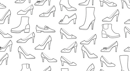 Pattern of high heels boots and flats arranged in a random repeating layout suitable for fashion textile design mood boards and illustration projects.