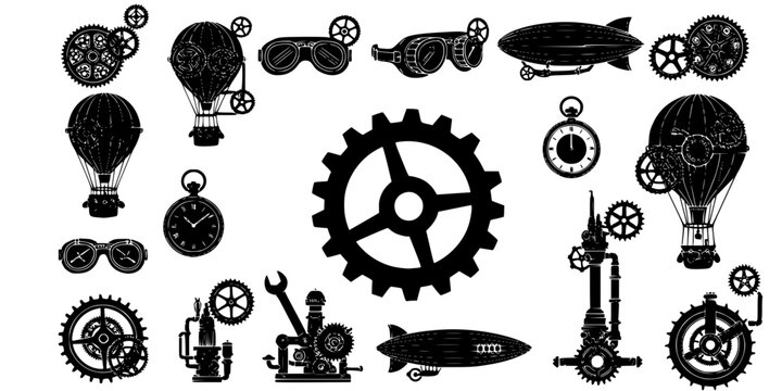 Steampunk icons silhouette collection 