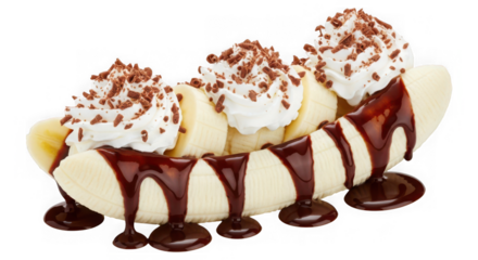 Banana split with chocolate and whipped cream isolated on white background
