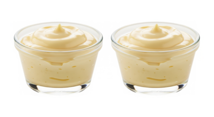 Two small glass cups filled with creamy pudding isolated on white background