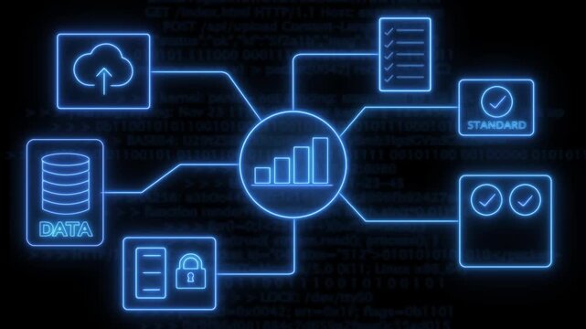 A futuristic neon blue data-analytic icon . glowing icons include cloud storage, database, security lock, checklist, system standards, and verification symbols background.