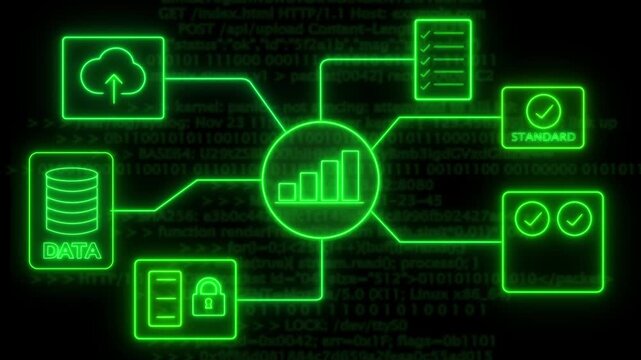 A futuristic neon blue data-analytic icon . glowing icons include cloud storage, database, security lock, checklist, system standards, and verification symbols background.
