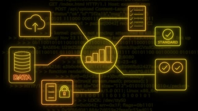 A futuristic neon blue data-analytic icon . glowing icons include cloud storage, database, security lock, checklist, system standards, and verification symbols background.
