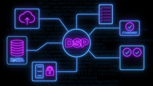 A futuristic neon DSP-analytic icon . glowing icons include cloud storage, database, security lock, checklist, system standards, and verification symbols background.