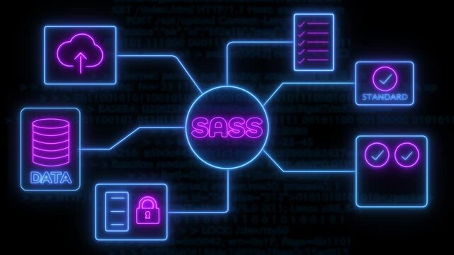 A futuristic neon SASS-analytic icon . glowing icons include cloud storage, database, security lock, checklist, system standards, and verification symbols background.