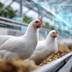 Fototapeta premium Modern poultry farm with white chickens and futuristic technology interface in greenhouse