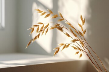 Fototapeta premium Golden dried oats in sunlit minimalist space