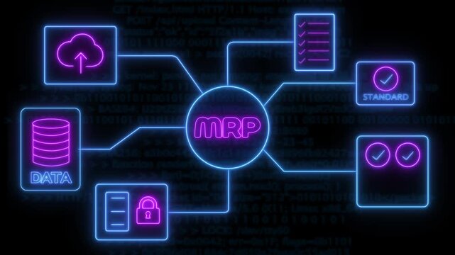 A futuristic neon MRP-analytic icon . glowing icons include cloud storage, database, security lock, checklist, system standards, and verification symbols background.