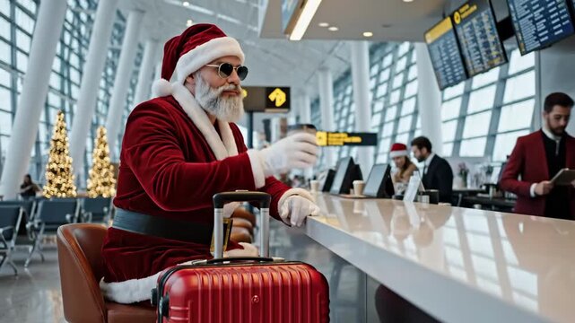 santa enjoys coffee, santa savoring espresso near holiday decorations at airport lounge, white dressed santa unwinding with coffee beside bright airport terminal windows and christmas trees.