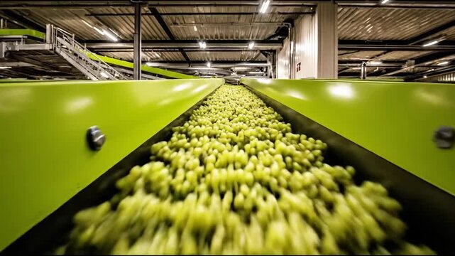 Conveyor belt transporting a large quantity of processed food items within a factory setting.