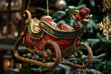 Ornate santa claus sleigh ornament hanging on a decorated christmas tree, adding a touch of festive magic to the holiday season