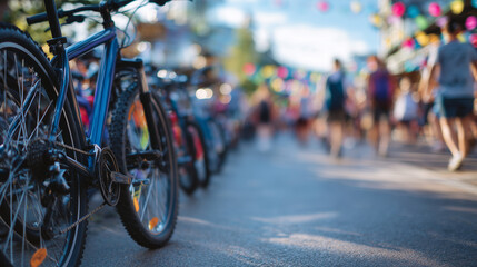 Naklejka premium Row of bicycles lined up along a bustling city path, close-up of chains, spokes, and handlebars, pedestrians walking in the background with soft bokeh blur, vibrant street-life amb