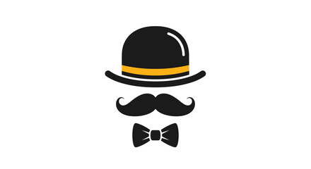 Icon of dapper gentleman accessories featuring a bowler hat with a yellow band a bold curled mustache and a classic bow tie in a clean black silhouette.