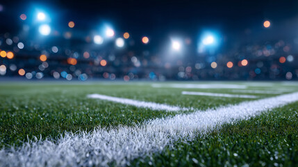 Nighttime close-up of a football sideline, artificial turf blades shimmering under bright stadium lights, white chalk line sharply defined, dark background fading into atmospheric