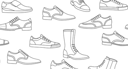 Pattern of black outlined shoes and boots scattered across a white background ideal for fashion footwear design and stock imagery use.