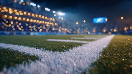 Low-angle close-up of a football sideline illuminated by stadium lights, the white line glowing warmly, turf fibers casting tiny shadows, night air filled with soft mist and stadiu