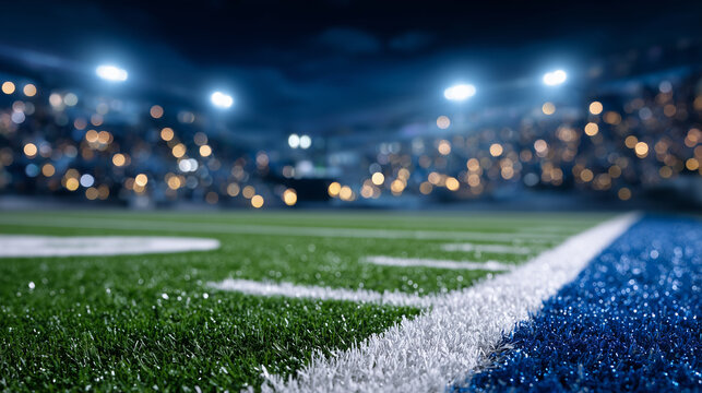 Nighttime close-up of a football sideline, artificial turf blades shimmering under bright stadium lights, white chalk line sharply defined, dark background fading into atmospheric
