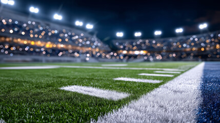 Close view of a football field sideline at night, the turf gleaming from intense stadium illumination, deep blacks around the edges creating a dramatic competitive mood