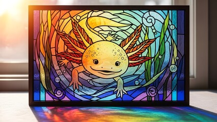 Vibrant Axolotl Stained Glass Panel with Sunlit Reflections