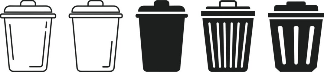 Trash Bin and Garbage Can Icon Set Showing Multiple Styles for Waste Management, Recycling Concepts, Cleanup Symbols, and Minimal UI Design