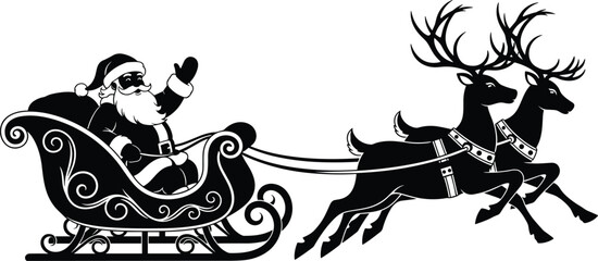 Santa Claus silhouette, sleigh with reindeer, Christmas vector, festive clipart, black and white, holiday tradition, flying scene, scrollwork