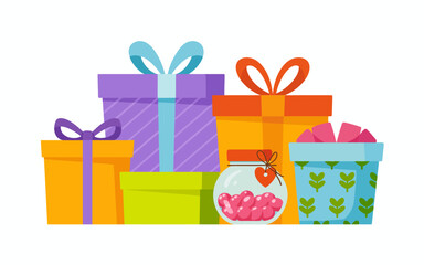 A collection of vibrant gift boxes in various shapes and sizes, adorned with bows and colorful patterns, creating a festive atmosphere for any celebration.