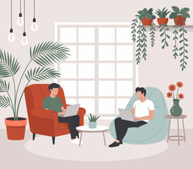 A modern living room featuring two individuals working on laptops in a cozy environment filled with plants and natural light, ideal for illustrating remote work and collaboration.