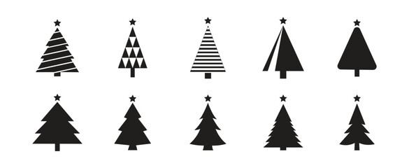 Pine tree silhouette and outline vector set. Christmas tree icon collection. Evergreen, fir, spruce forest graphic elements. Winter holiday design asset for decoration.