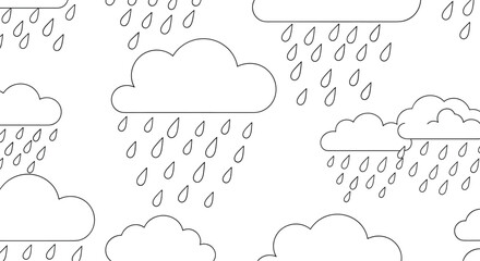 Cloudy sky pattern featuring multiple fluffy rain clouds and evenly spaced teardrop raindrops across a clean white background for weather themed stock use.