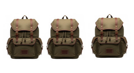 Set of three olive green canvas backpacks isolated on a transparent background