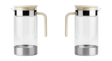 Modern glass pitchers with wooden lids and handles isolated on a transparent background