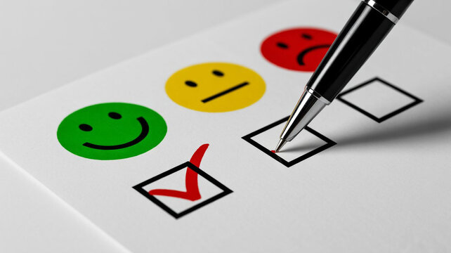 Customer feedback form with emoticons and checkbox marked for positive green smiling face response